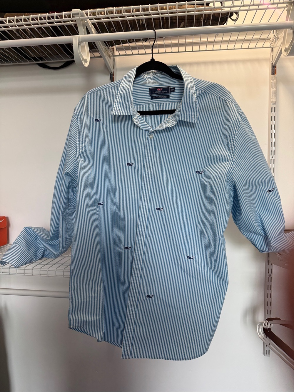 Vineyard Vines Blue and White Striped Slim Fit Whale-Pattern Dress Shirt